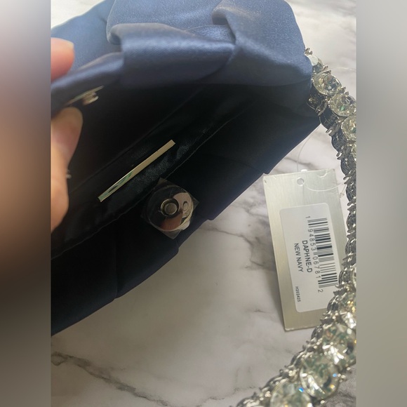 NWT Navy Satin Clutch with Rhinestone Handle - Picture 3 of 7
